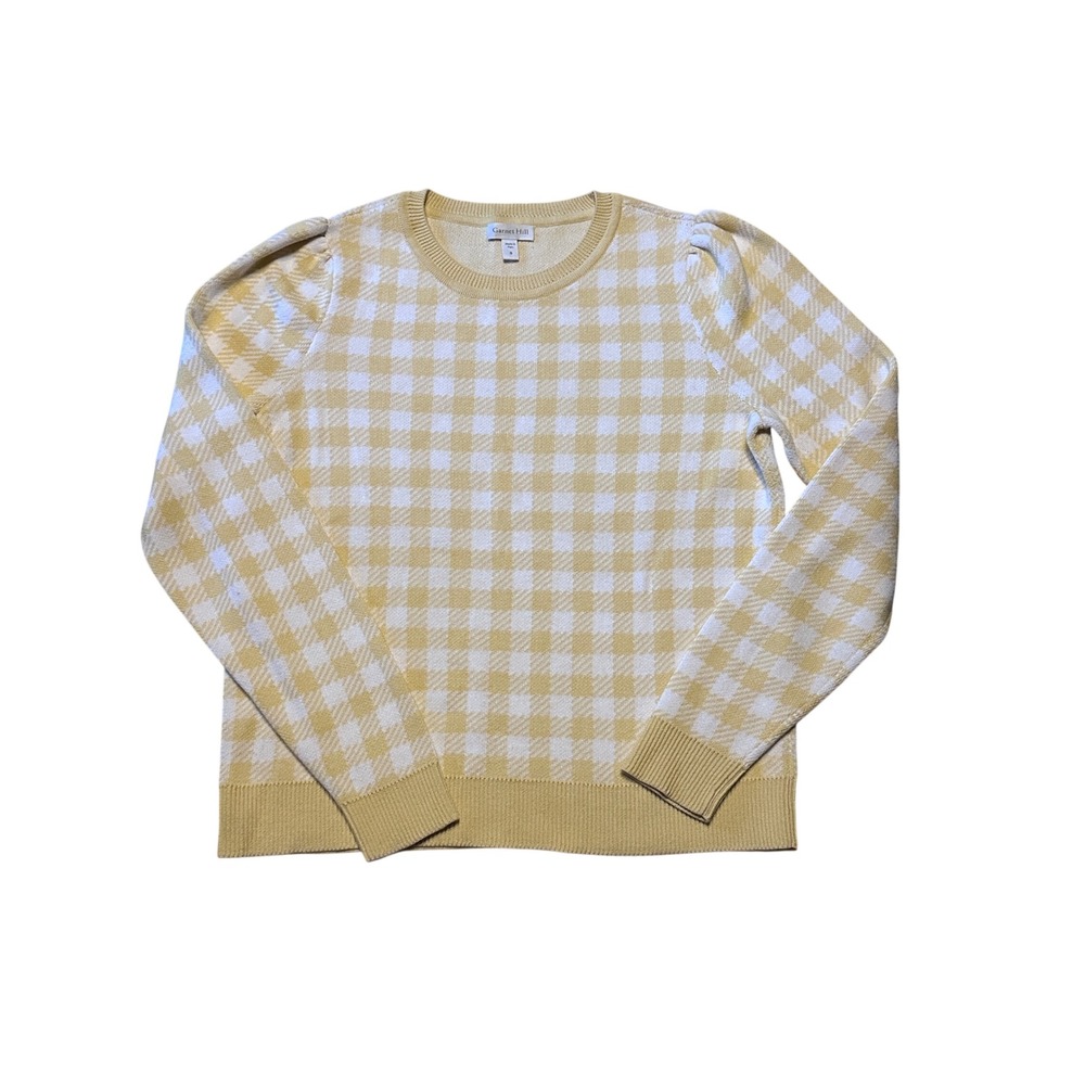Garnet Hill Yellow‎ Gingham Pima Cotton Puff Shoulder Crewneck Sweater Small